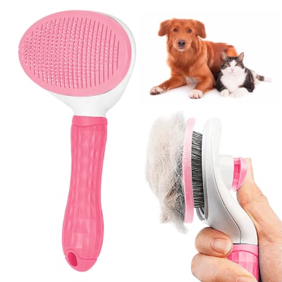Cepillo para mascotas Peine con botón removedor de pelo Rosa1