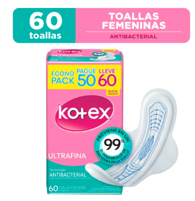 Toallas Higiénicas Kotex Discreta Ultrafina Paquete 60 Unid