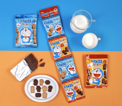 Caja Tira Galleta Leche y Chocolate Forma Doraemon 60g x 16