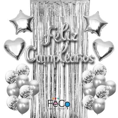 Set cortina globos feliz cumpleaños plateado
