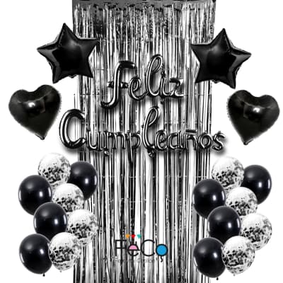 Set cortina globos feliz cumpleaños negro