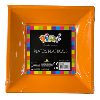 plato plástico cuadrado naranjo x6