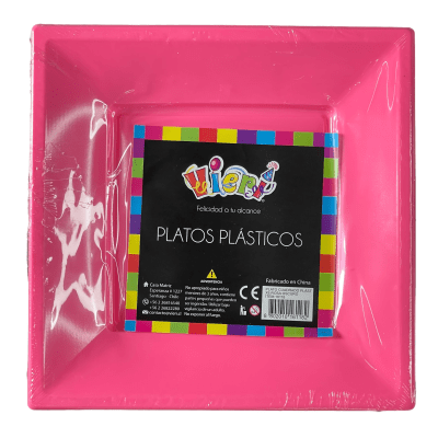 plato plástico cuadrado rosa x6