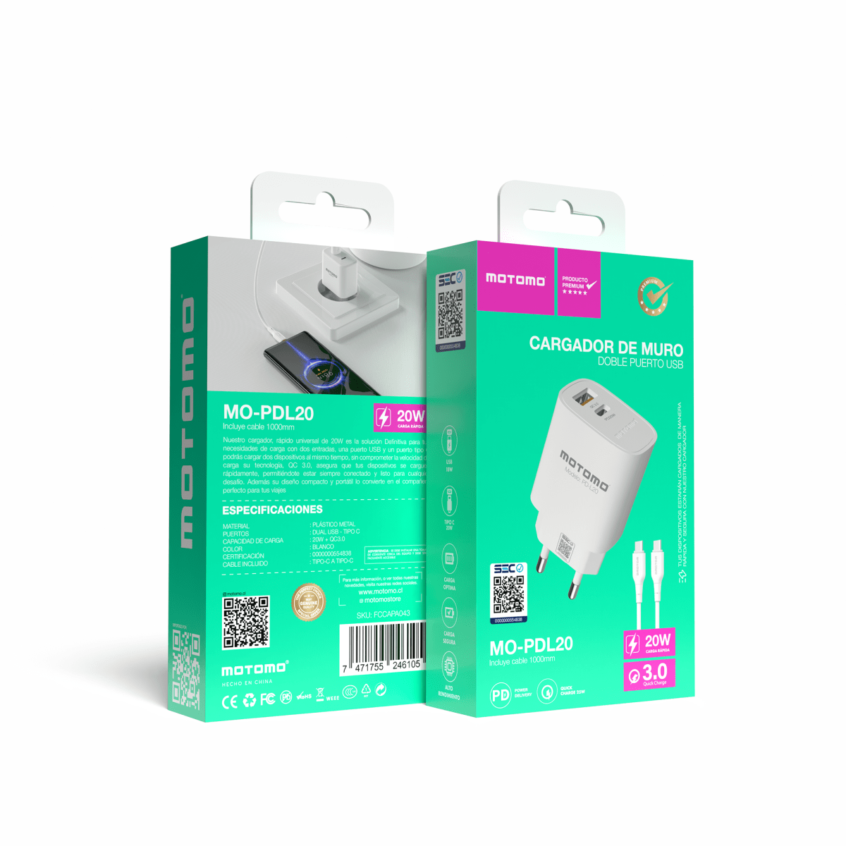 Cargador de Pared PD-L20 20W Dual Cable Tipo C2