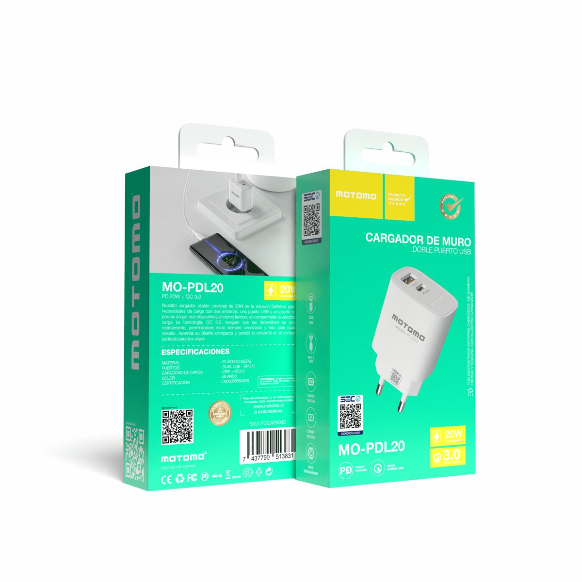 Cargador de Pared Motomo PD-L20 Dual 20W SIN CABLE2