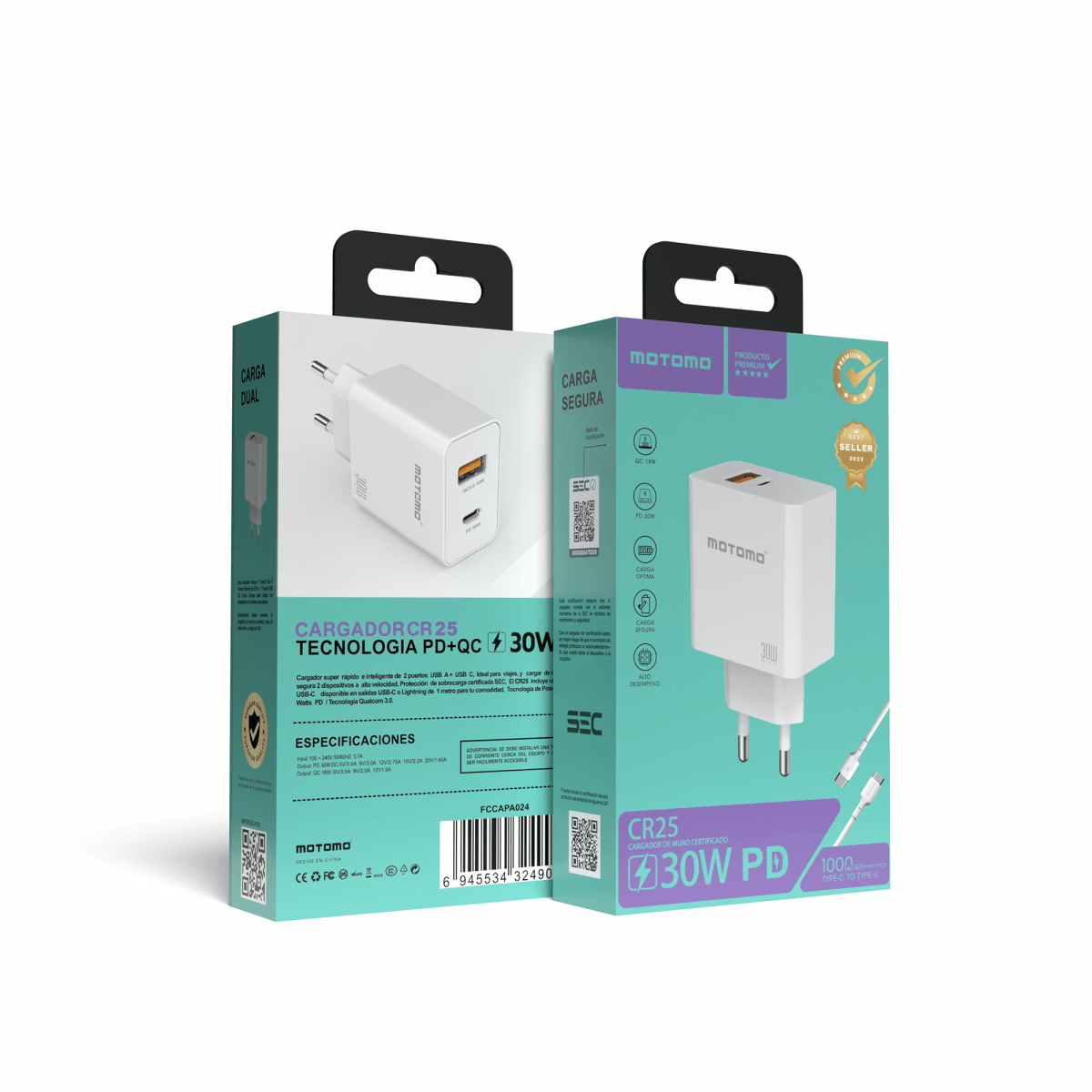 Cargador de Pared Motomo CR25 30W PD Tipo C2