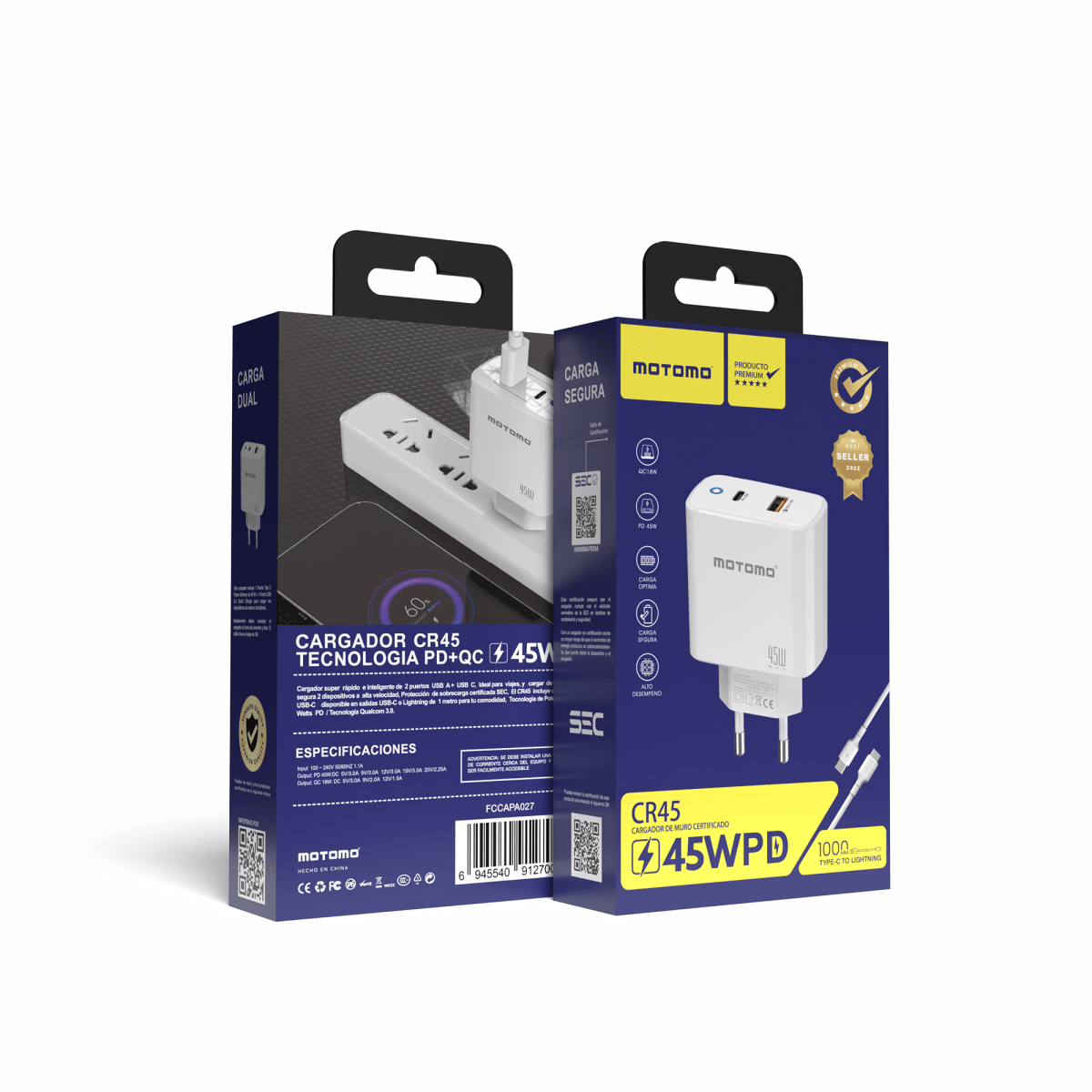 Cargador de Pared Motomo CR45W PD A + C 45W Lightning2