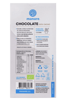 Barra chocolate Manare 100% Cacao