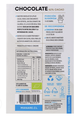 Barra chocolate Manare 62% Cacao