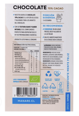 Barra chocolate Manare 70% Cacao