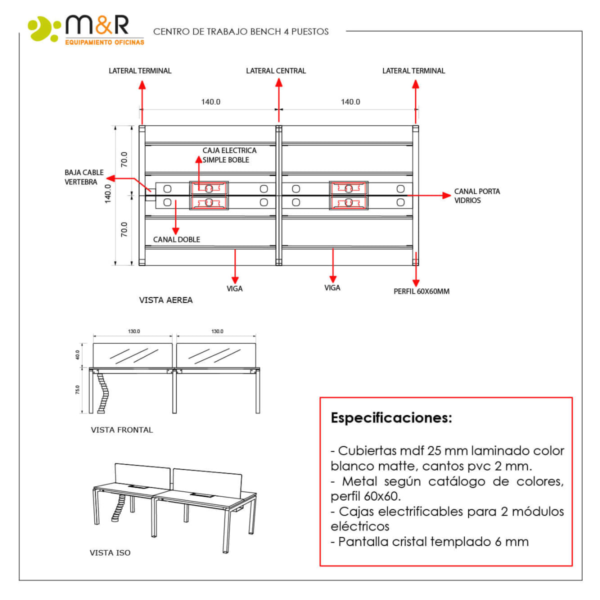 Bench electrificable linea flow 4 puestos7