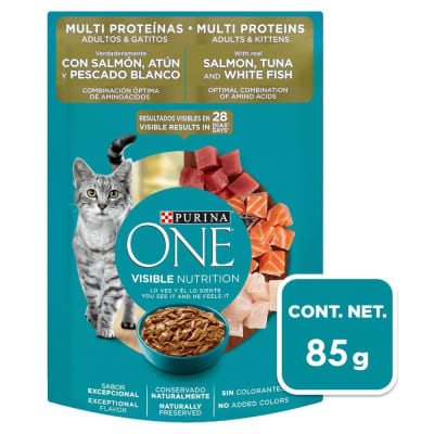 Purina One Cat Multi Proteinas Salmon/Atun&Pescado Blanco Adulto&Gatitos 85 gr1