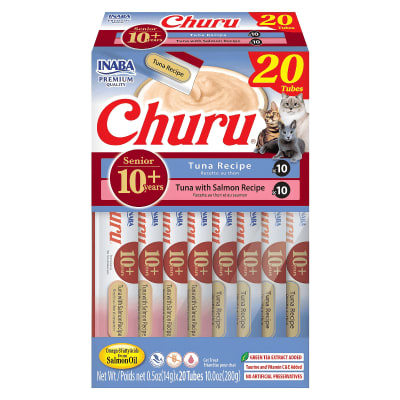 CHURU SENIOR GATO 10+ CAJA 20 UNIDADES VARIEDADES SALMON Y ATUN