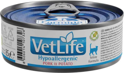 VETLIFE FELINO HIPOALERGENICO CERDO Y PAPA LATA