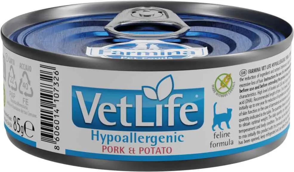 VETLIFE FELINO HIPOALERGENICO CERDO Y PAPA LATA1