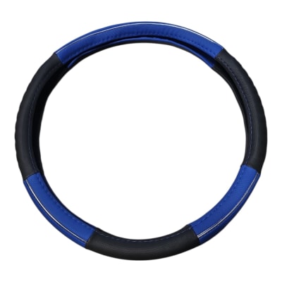 CUBRE VOLANTE CAMION NEGRO/AZUL BORDE CROMADO 45CM
