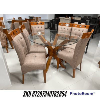 COMEDOR REDONDO NATURAL RAFA 6 SILLAS COPETA MESA VIDRIO PATA ASTERISCO F832