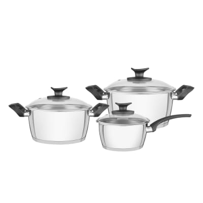 Juego De Ollas Tramontina Allegra Baquelita acero inoxidable fondo triple 6 Piezas t/vidrio f81