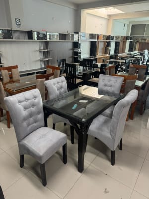 COMEDOR RECTANGULAR NOGAL RAFA 4 SILLAS ARABE MESA VIDRIO PATA TORNEADA 120X80 F602