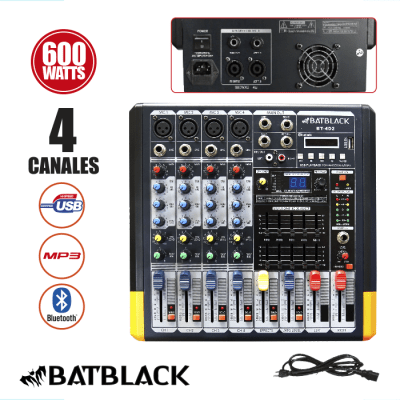 CONSOLA AMPLIFICADA BATBLACK BT-4D2 600W 4 CANALES PHANTOM C/USB/MP3/BT1
