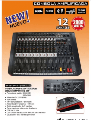 CONSOLA AMPLIFICADA BATBLACK BT-MB12P 2000 WATTS 12 CANALES USB MP3 BLUETOOTH1