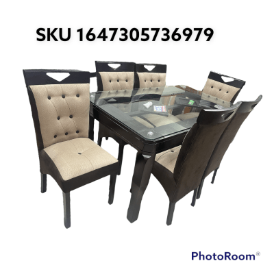 COMEDOR RECTANGULAR NOGAL RAFA 6 SILLAS COPETA MESA VIDRIO PATA TORNEADA 150X90CM F701