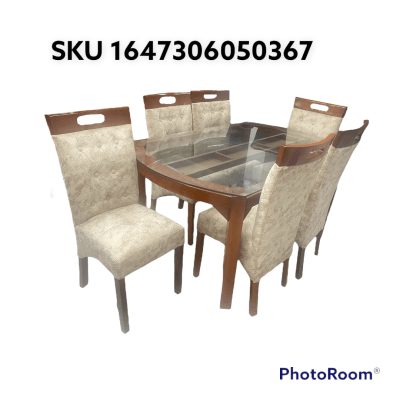 COMEDOR OVALADO RAFA NATURAL 6 SILLAS COPETA MESA VIDRIO PATA RECTA 150X90CM F701