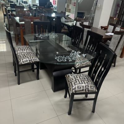 COMEDOR OVALADO NOGAL RAFA 6 SILLAS MESA VIDRIO ARENADO BASE CONTRAPLACADO1