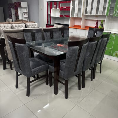 COMEDOR RECTANGULAR FREDY NOGAL 8 SILLAS COPETA MESA VIDRIO PATA LINEAL F901
