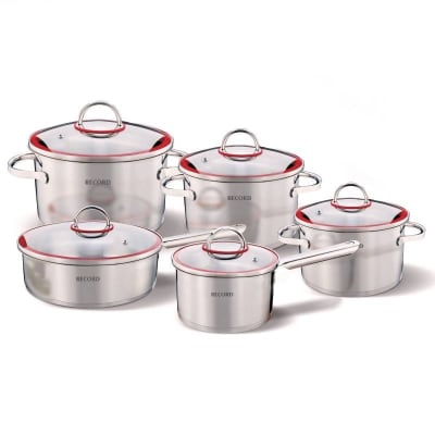 JUEGO OLLAS ACERO INOXIDABLE RECORD MAYA TAPA VIDRIO 10 PIEZAS  0.20-22-24-C.16-22 F10