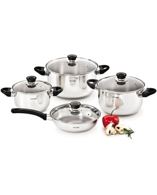 JUEGO OLLAS ACERO INOXIDABLE INOXSET 8 PIEZAS TAPA VIDRIO F. DIF RECORD F11.41