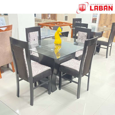 COMEDOR RECTANGULAR NOGAL MORAN 4 SILLAS MESA DE VIDRIO PATA TRUPAN2