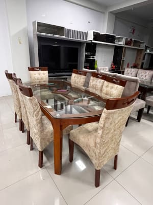COMEDOR OVALADO NATURAL RAFA 8 SILLAS COPETA MESA VIDRIO LINEAL 200x100CM F901