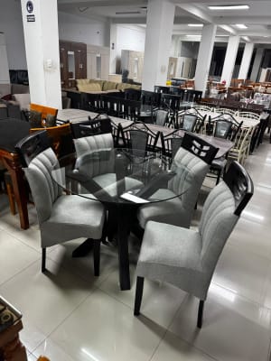 COMEDOR REDONDO NOGAL RAFA 4 SILLAS COPETA MESA VIDRIO PATAS ASTERISCO 100ANX80ALX100CM FONDO F501