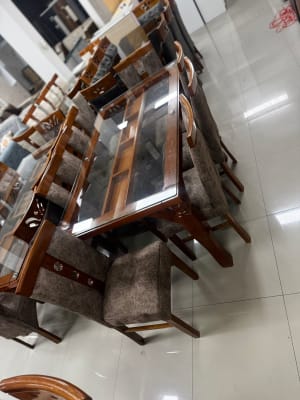 COMEDOR 8 SILLAS NATURAL COPETA VIDRIO RECTANGULAR 180x100CM PATA TORNEADA RAFA F901