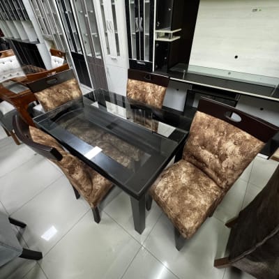 COMEDOR RECTANGULAR NOGAL RAFA 4 SILLAS COPETA MESA VIDRIO 200x100 DOBLE PESTAÑA PATA LINEAL F501