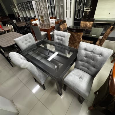 COMEDOR RECTANGULAR NOGAL RAFA 4 SILLAS ARABE MESA VIDRIO PATA LEON F501