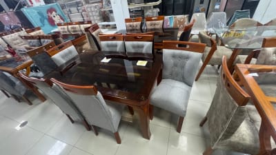 COMEDOR RECTANGULAR LEON NATURAL 6 SILLAS COPETA MESA VIDRIO PATA LEON 3X3 150ANX80ALX90FD CM F702