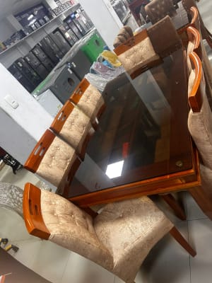 COMEDOR 8 SILLAS 3X3 NATURAL COPETA VIDRIO RECTANGULAR 180ANX100ALX80FD CM PATA LINEAL LEON F135