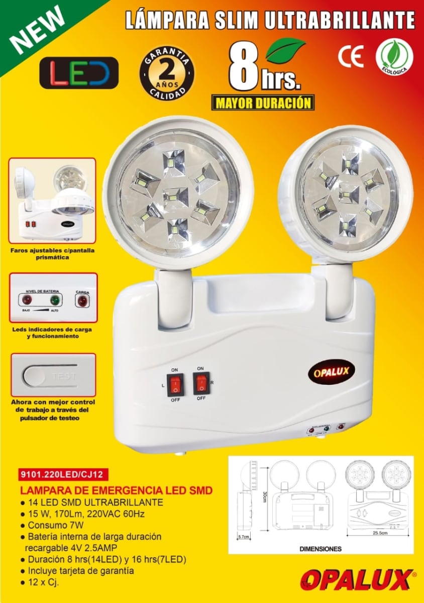 Lampara De Emergencia Opalux 9101.220Led Slim 4V 2.5Amp 14Led