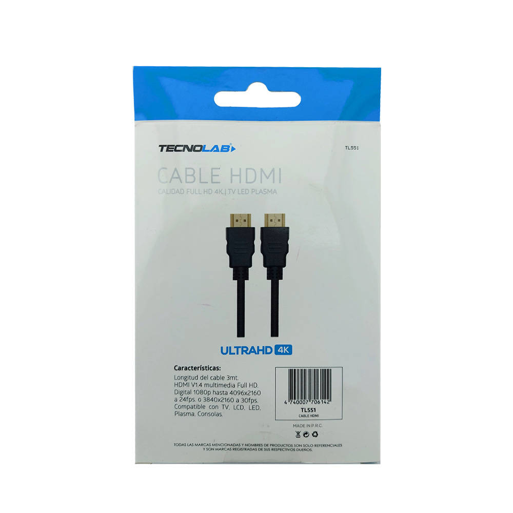 CABLE HDMI V2.0 - 4K, TERMINALES S, TRANSMISION EFICIENTE, 3MT, MACHO-MACHO, CAR1