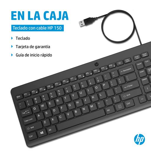 Teclado Alámbrico HP 150 (USB, Negro)3