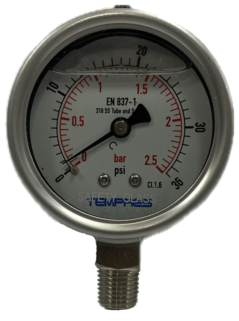 Manómetro Full Inox Ø 100mm Rango 0-4 bar, Inferior 0