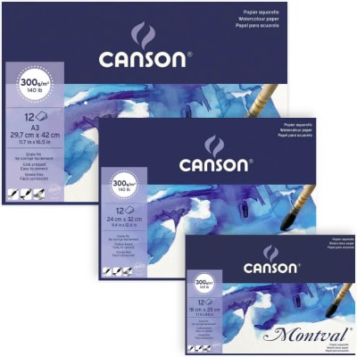 BLOCK ACUARELA CANSON MONTVAL GRANO FINO- 12 HOJAS 300 GRMS - Variedad de Tamaños