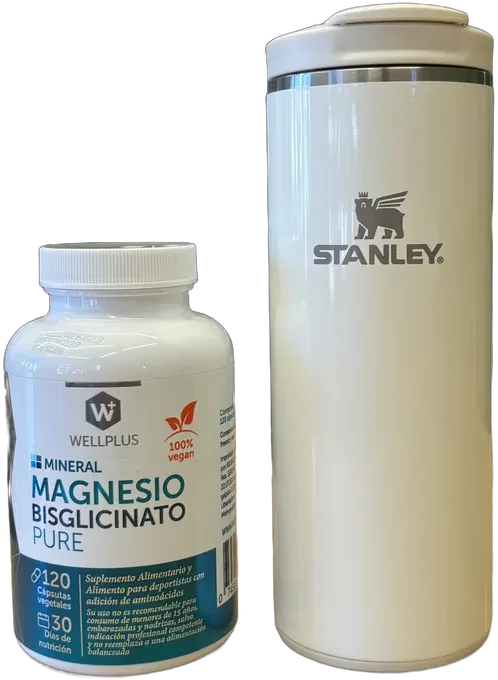 Magnesio bisglicinato WellPlus junto al mug térmico Stanley