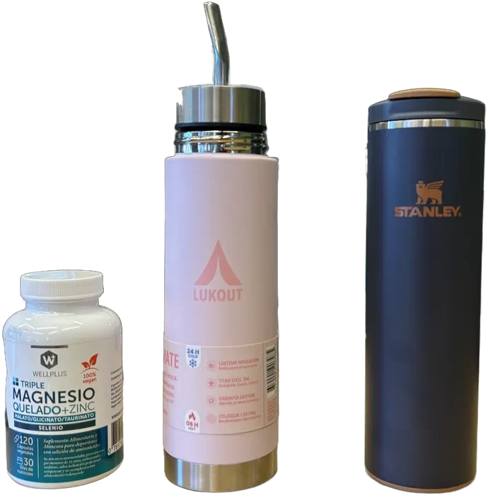 Triple Magnesio WellPlus, botella matera Lukout y mug térmico Stanley