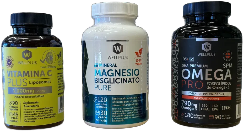 Vitamina C, Magnesio bisglicinato y Omega Pro de WellPlus