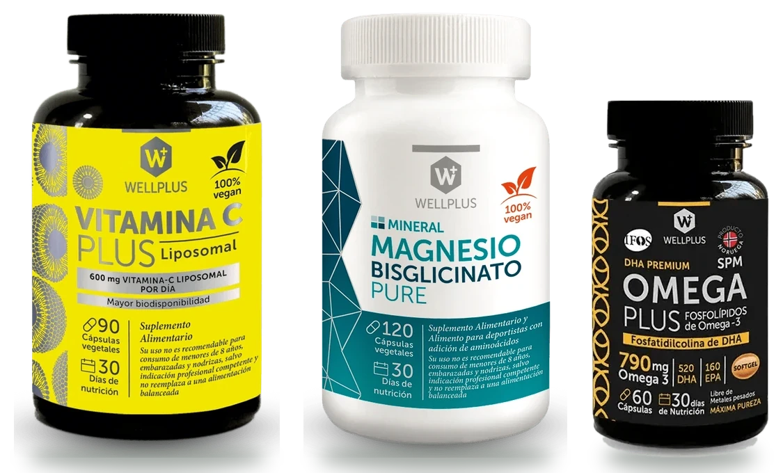 Vitamina C, Magnesio bisglicinato y Omega Plus de WellPlus