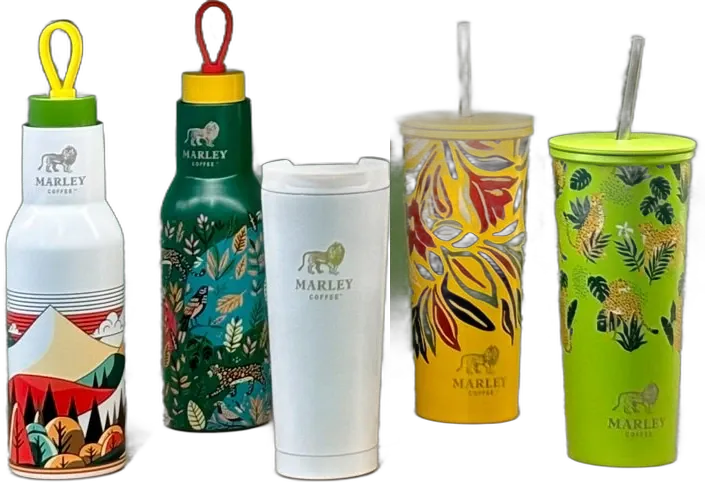 Regalos para empresas: botellas, vaso t&eacute;rmico y vasos Marley Coffee