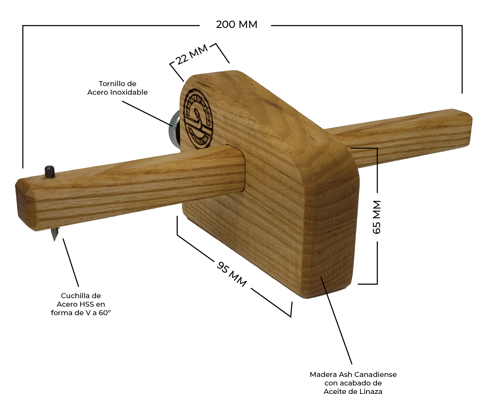 Gramil Carpintero Premium LB Luthier by Verdugo, fabricado en madera de fresno con acabado en aceite de linaza Cuenta con una cuchilla de acero HSS en forma de V a 60° y un tornillo de acero inoxidable para mayor precisión. Herramienta ideal para marcar con exactitud en trabajos de carpintería
